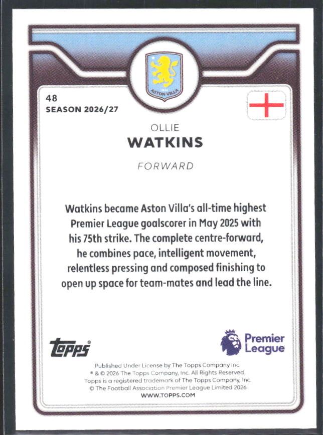2026-27 Topps Premier League #48 Ollie Watkins – baksida