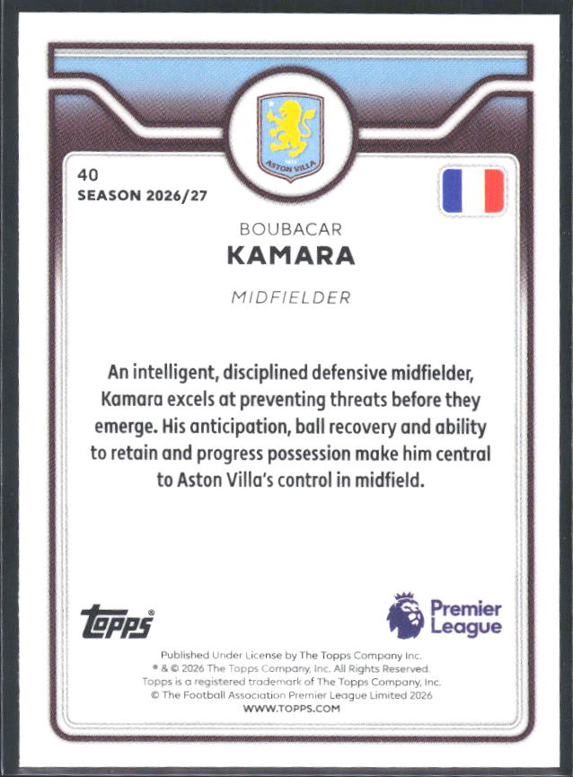 2026-27 Topps Premier League #40 Boubacar Kamara – baksida