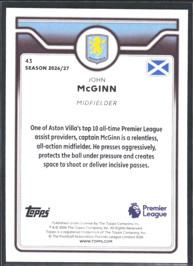 2026-27 Topps Premier League #43 John McGinn – baksida