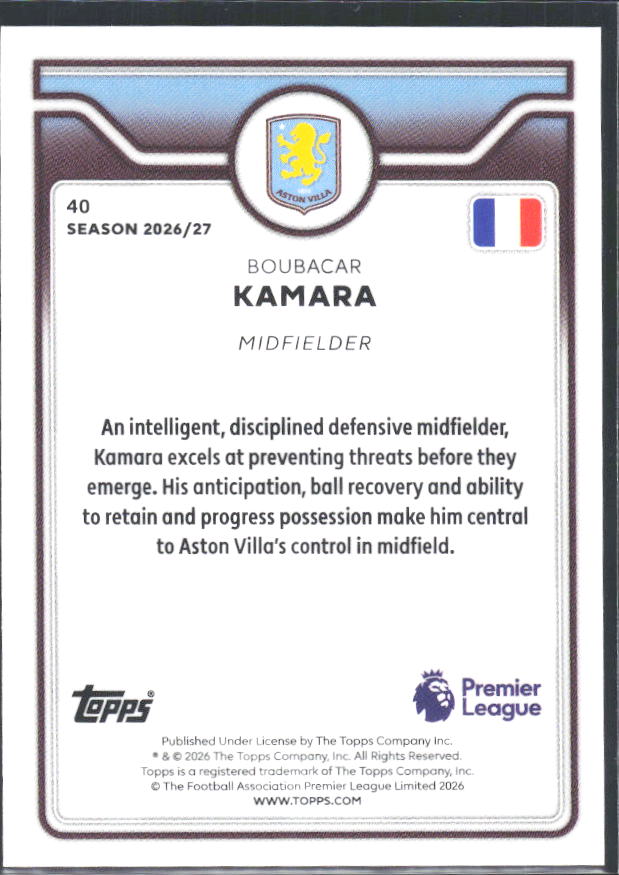 2026-27 Topps Premier League #40 Boubacar Kamara – baksida