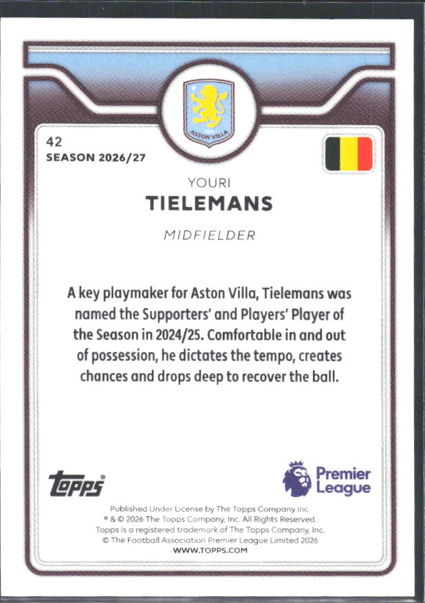 2026-27 Topps Premier League #42 Youri Tielemans – baksida