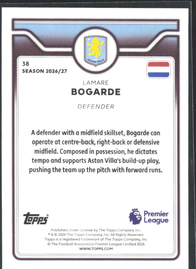 2026-27 Topps Premier League #38 Lamare Bogarde – baksida