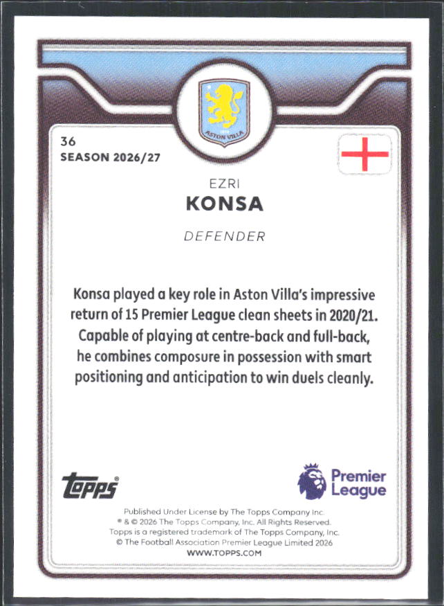 2026-27 Topps Premier League #36 Ezri Konsa – baksida