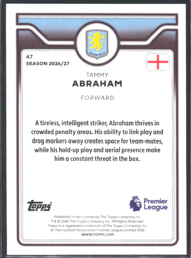 2026-27 Topps Premier League #47 Tammy Abraham – baksida