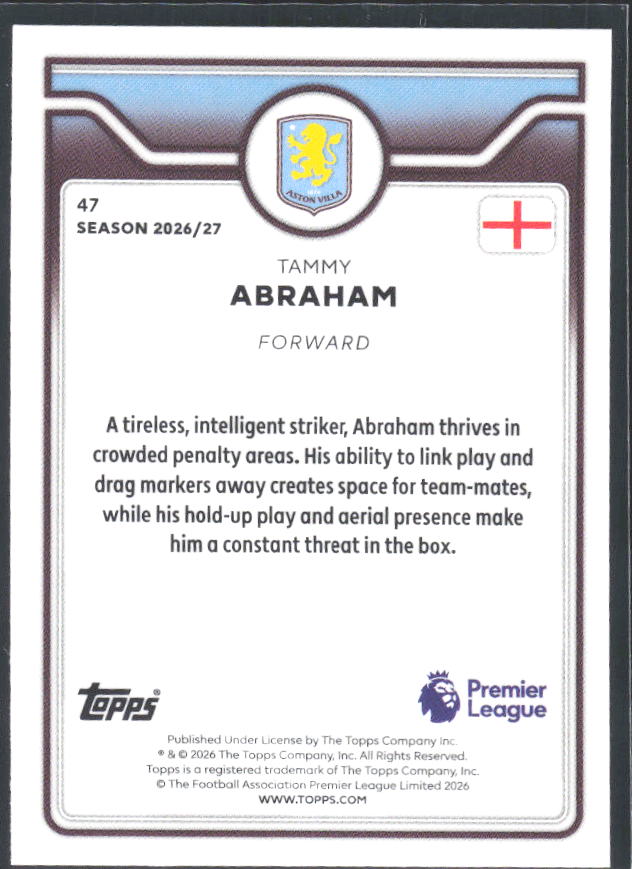 2026-27 Topps Premier League #47 Tammy Abraham – baksida