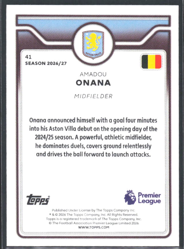 2026-27 Topps Premier League #41 Amadou Onana – baksida