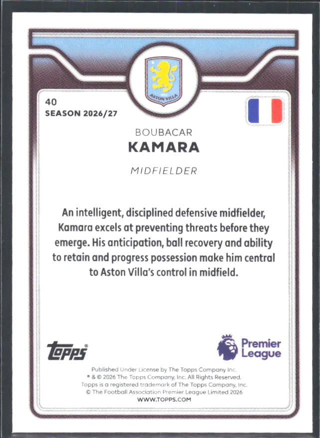 2026-27 Topps Premier League #40 Boubacar Kamara – baksida