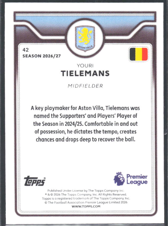 2026-27 Topps Premier League #42 Youri Tielemans – baksida