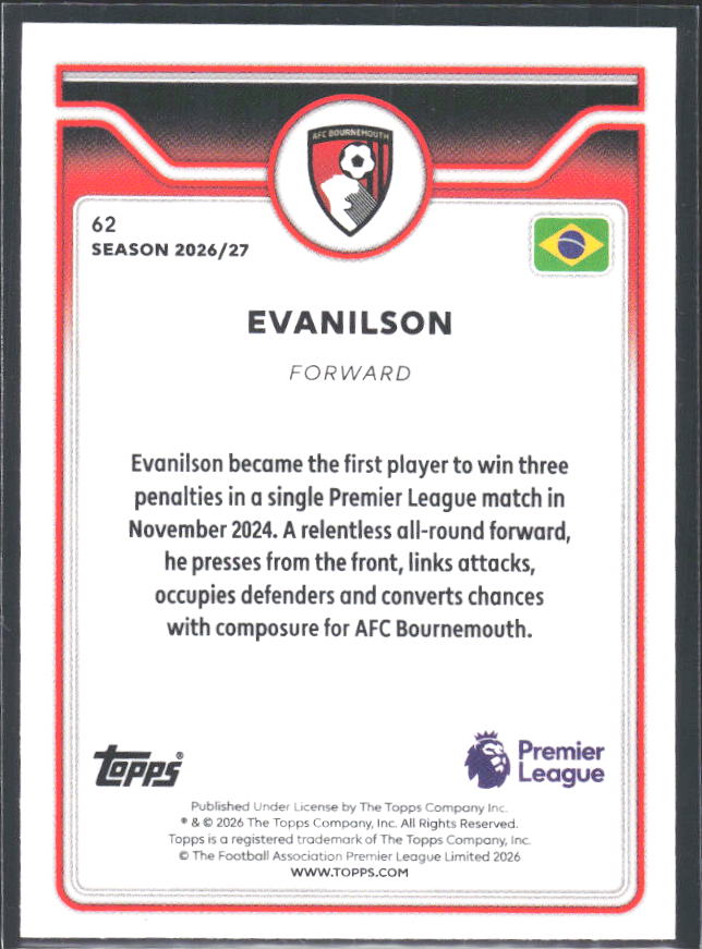 2026-27 Topps Premier League #62 Evanilson – baksida