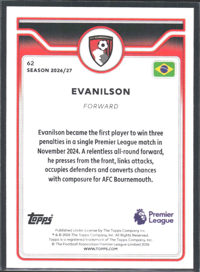 2026-27 Topps Premier League #62 Evanilson – baksida