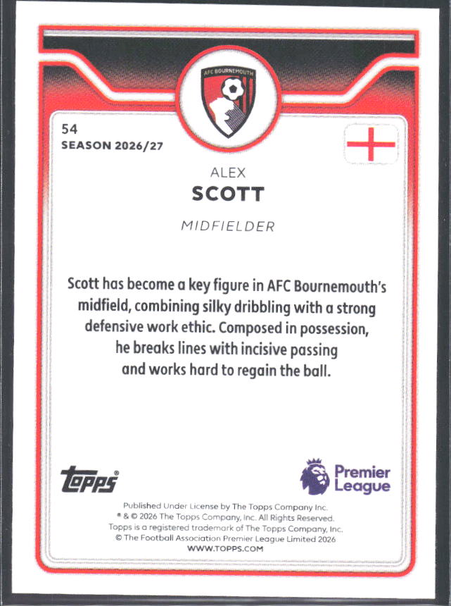 2026-27 Topps Premier League #54 Alex Scott – baksida