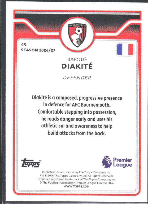 2026-27 Topps Premier League #49 Bafodé Diakité – baksida