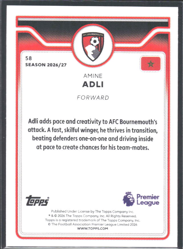2026-27 Topps Premier League #58 Amine Adli – baksida