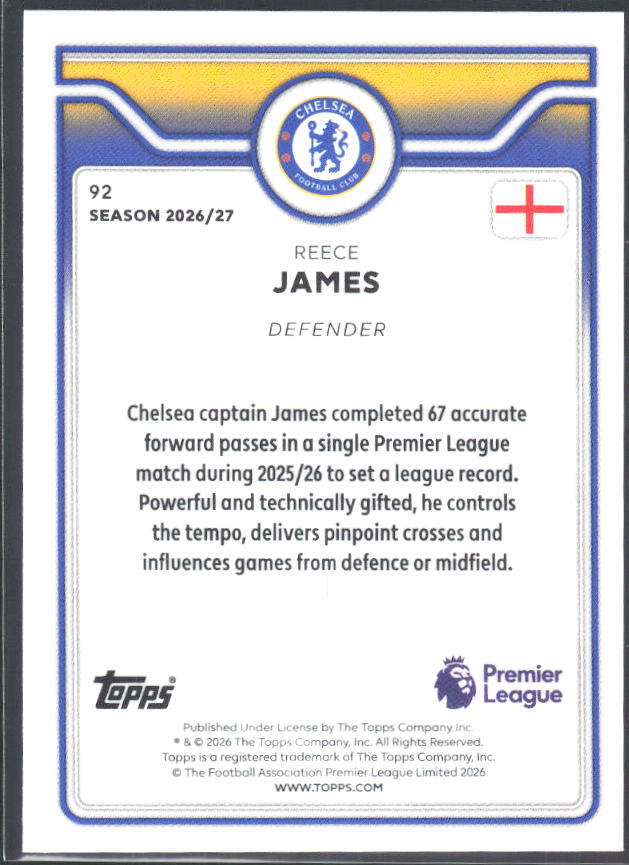 2026-27 Topps Premier League #92 Reece James – baksida