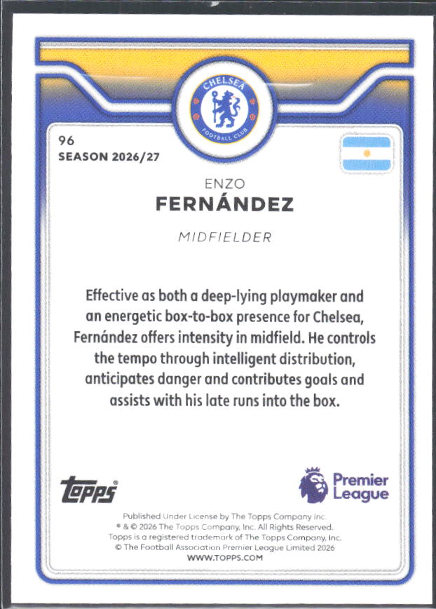 2026-27 Topps Premier League #96 Enzo Fernández – baksida