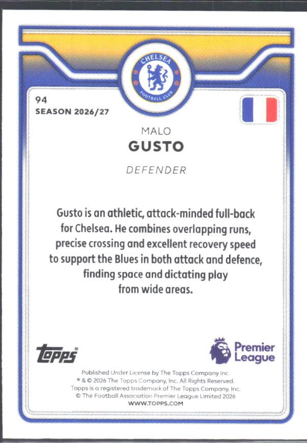 2026-27 Topps Premier League #94 Malo Gusto – baksida