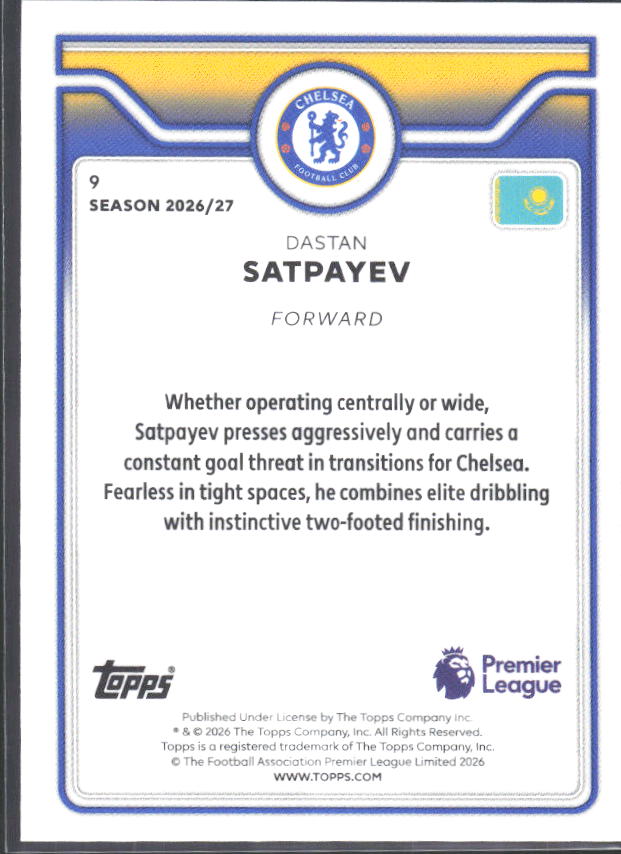 2026-27 Topps Premier League Future Stars #9 Dastan Satpayev – baksida