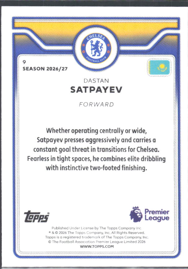 2026-27 Topps Premier League Future Stars #9 Dastan Satpayev – baksida
