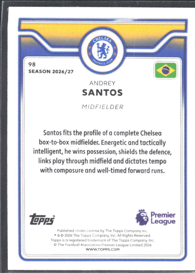 2026-27 Topps Premier League #98 Andrey Santos – baksida