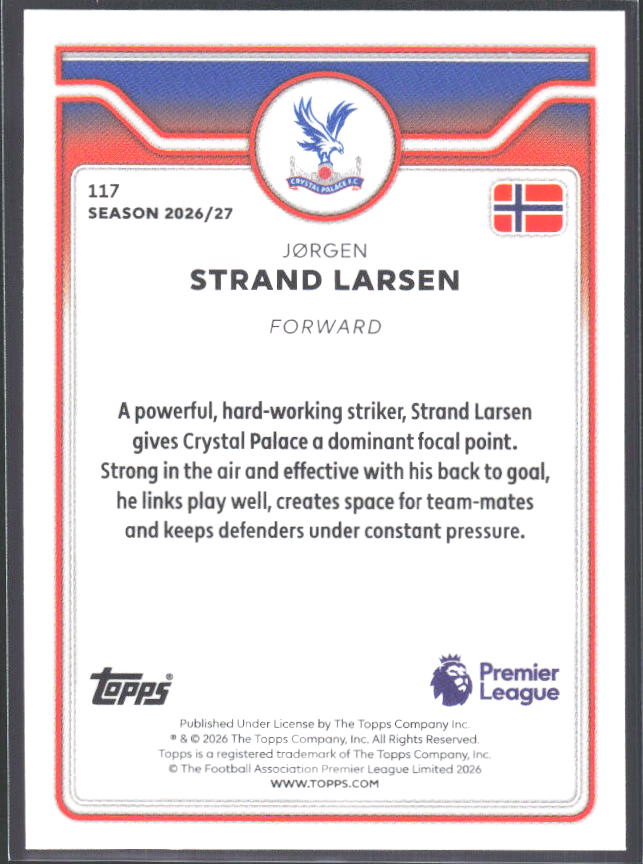 2026-27 Topps Premier League #117 Jørgen Strand Larsen – baksida