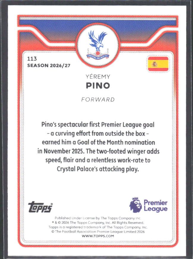 2026-27 Topps Premier League #113 Yéremy Pino – baksida