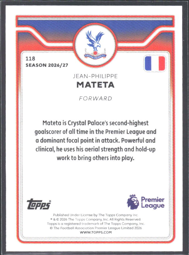 2026-27 Topps Premier League #118 Jean-Philippe Mateta – baksida