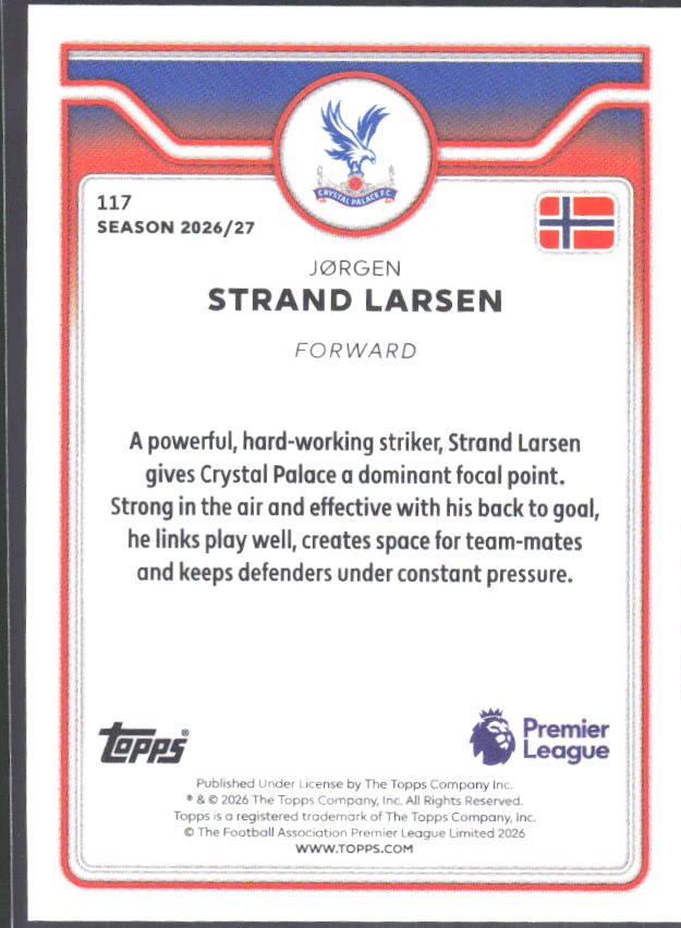 2026-27 Topps Premier League #117 Jørgen Strand Larsen – baksida