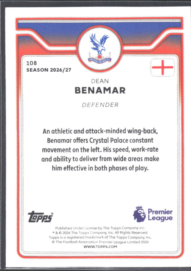 2026-27 Topps Premier League #108 Dean Benamar – baksida