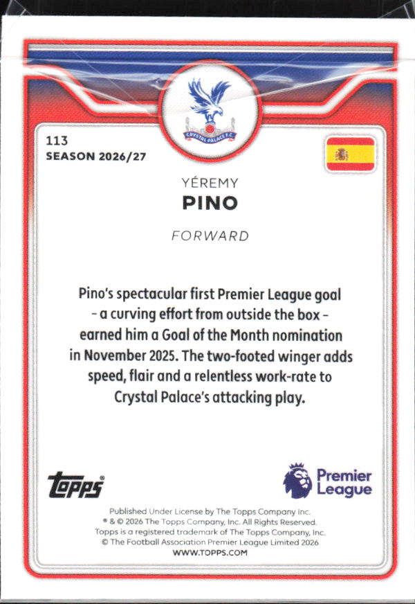 2026-27 Topps Premier League #113 Yéremy Pino – baksida