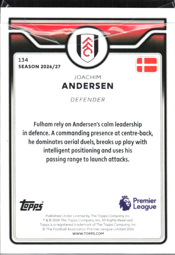 2026-27 Topps Premier League #134 Joachim Andersen – baksida