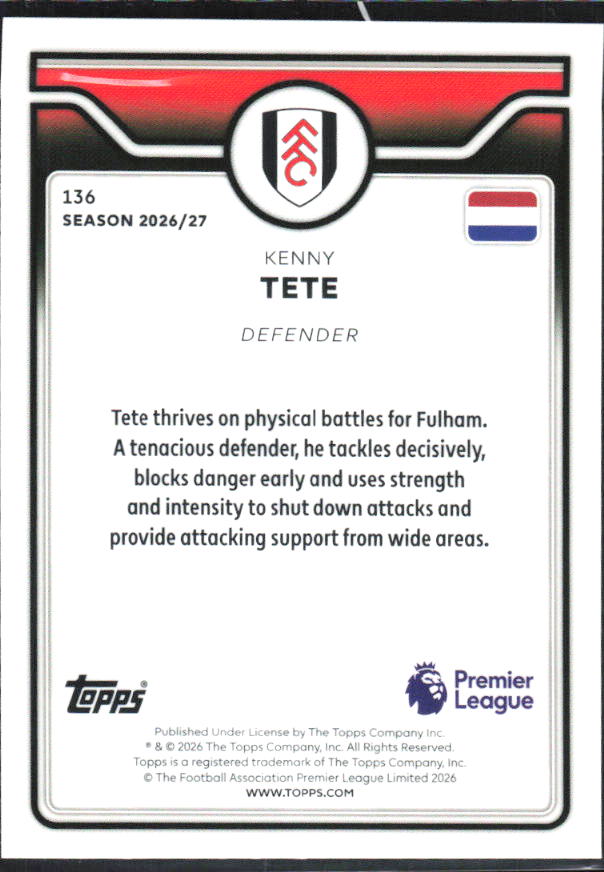 2026-27 Topps Premier League #136 Kenny Tete – baksida