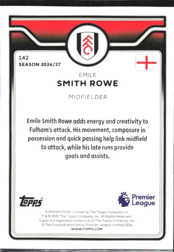 2026-27 Topps Premier League #142 Emile Smith Rowe – baksida