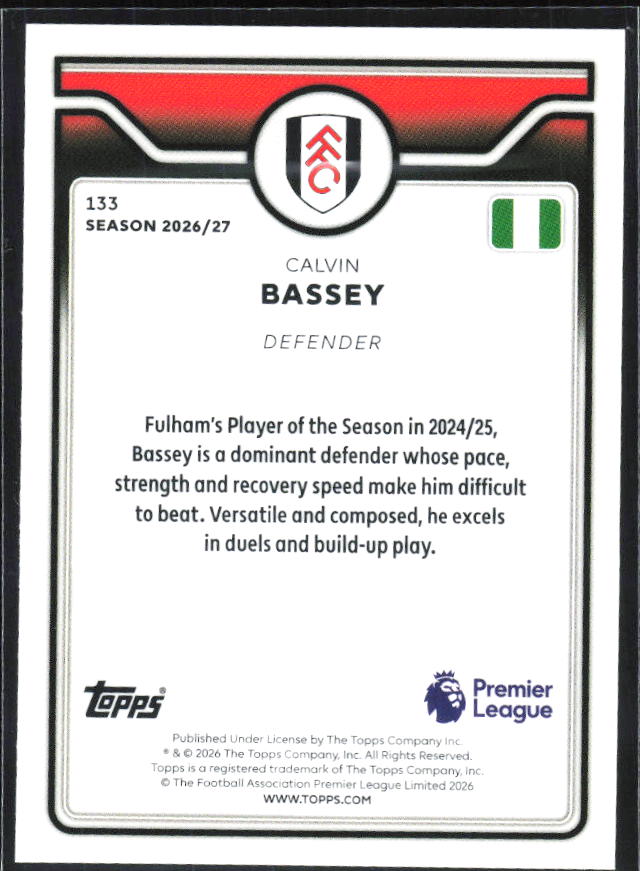 2026-27 Topps Premier League #133 Calvin Bassey – baksida