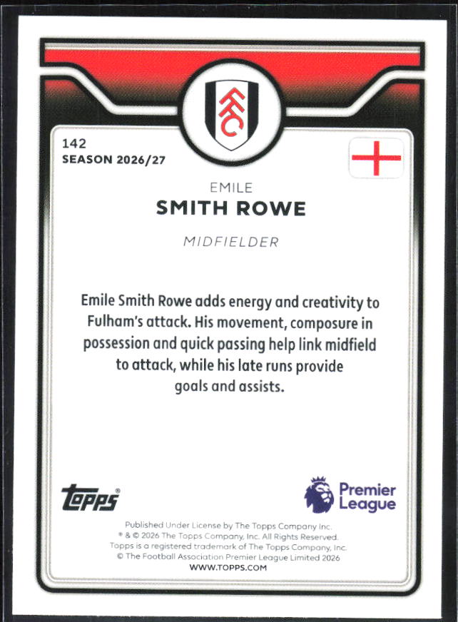 2026-27 Topps Premier League #142 Emile Smith Rowe – baksida