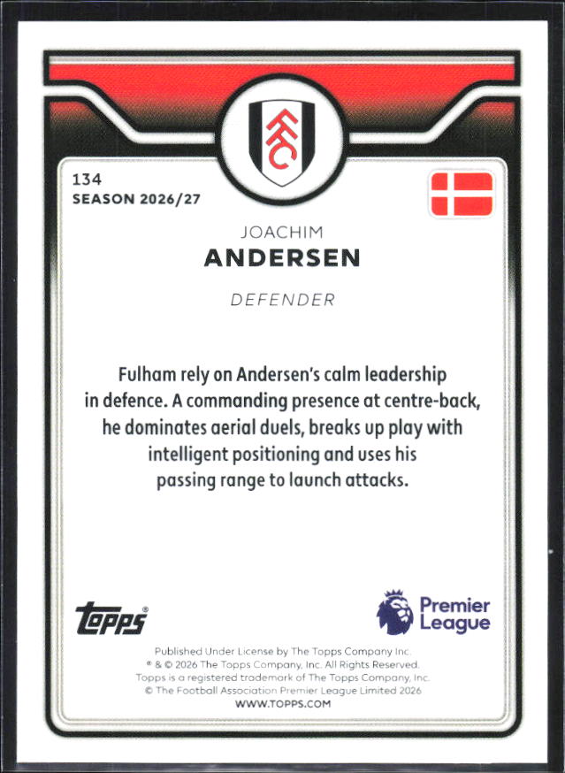 2026-27 Topps Premier League #134 Joachim Andersen – baksida