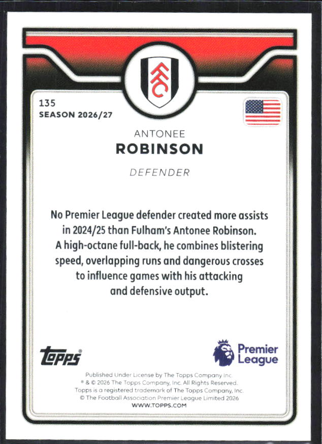 2026-27 Topps Premier League #135 Antonee Robinson – baksida