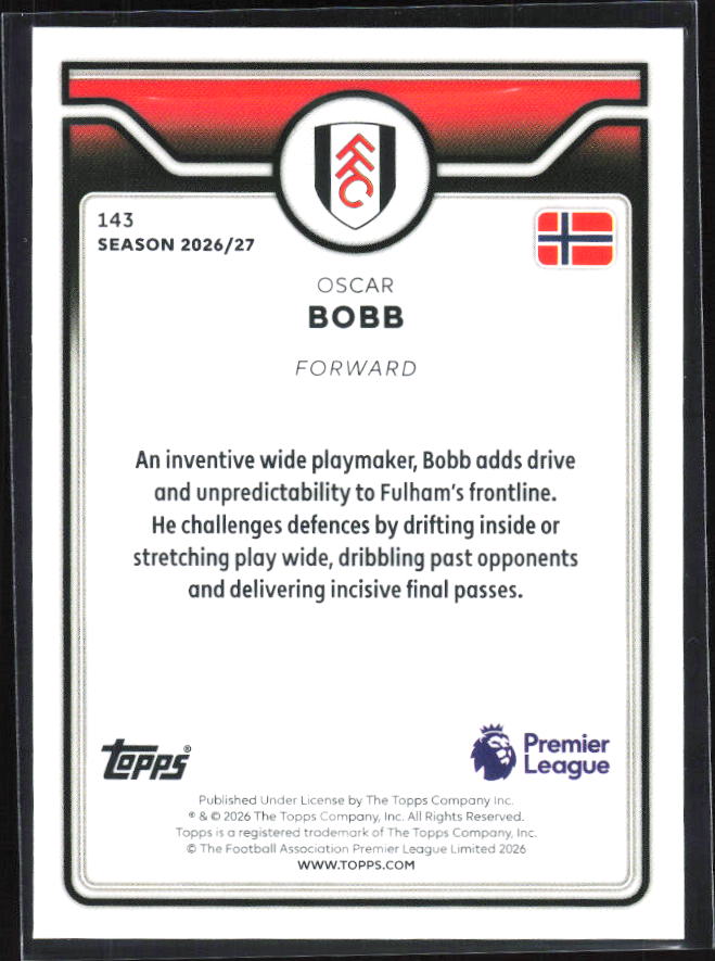 2026-27 Topps Premier League #143 Oscar Bobb – baksida