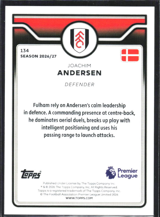 2026-27 Topps Premier League #134 Joachim Andersen – baksida