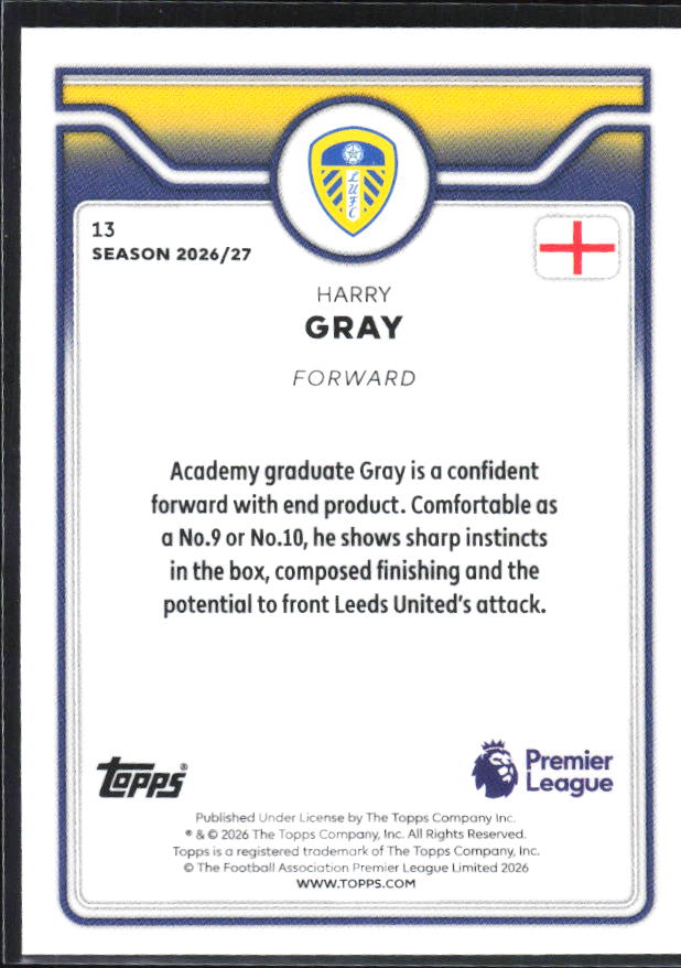 2026-27 Topps Premier League Future Stars #13 Harry Gray – baksida