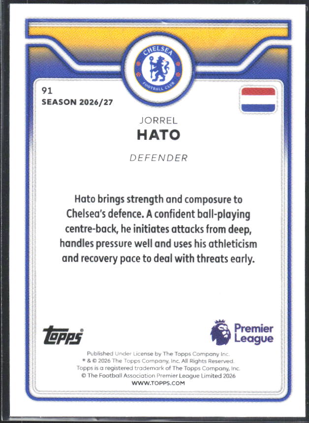 2026-27 Topps Premier League #91 Jorrel Hato – baksida