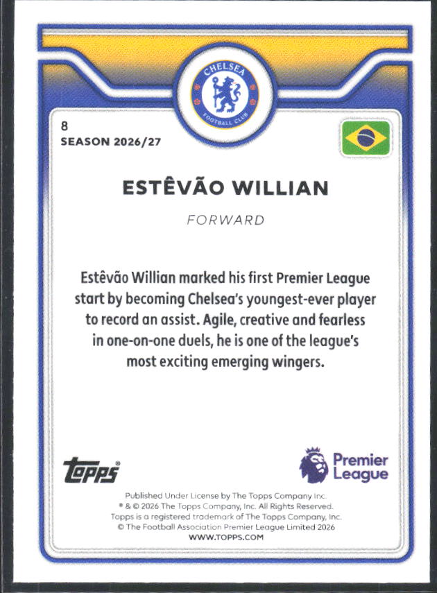 2026-27 Topps Premier League Future Stars #8 Estêvão Willian – baksida