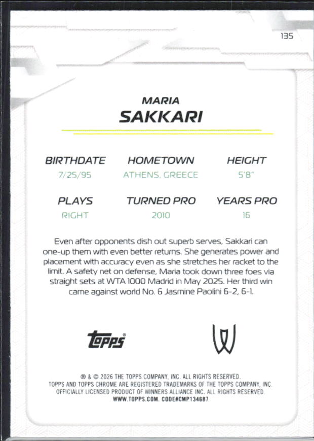 2026 Topps Chrome Tennis #135 Maria Sakkari – baksida