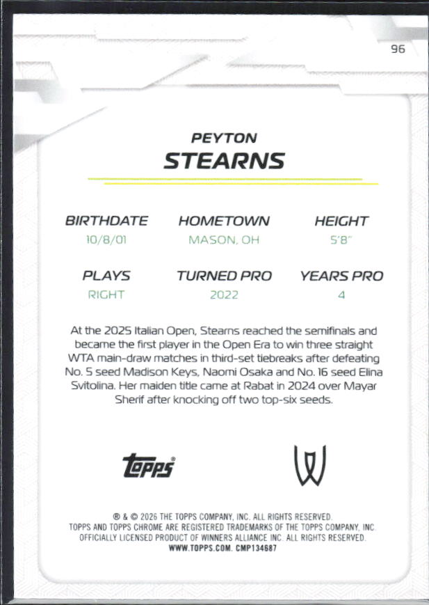 2026 Topps Chrome Tennis #96 Peyton Stearns – baksida