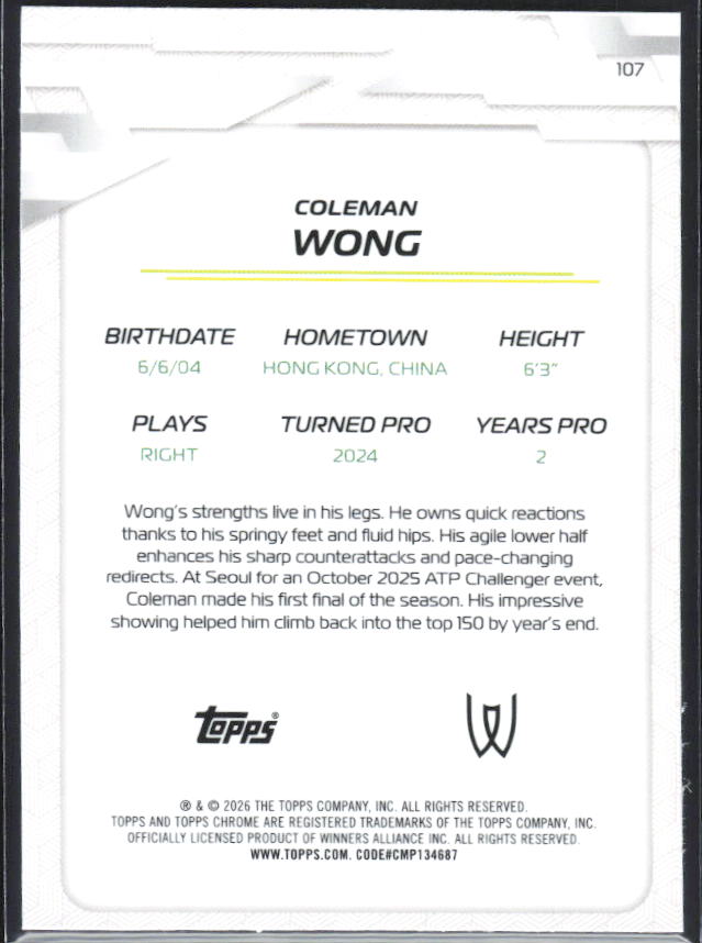 2026 Topps Chrome Tennis #107 Coleman Wong – baksida