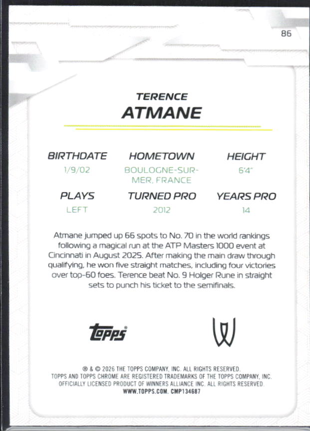 2026 Topps Chrome Tennis #86 Terence Atmane – baksida