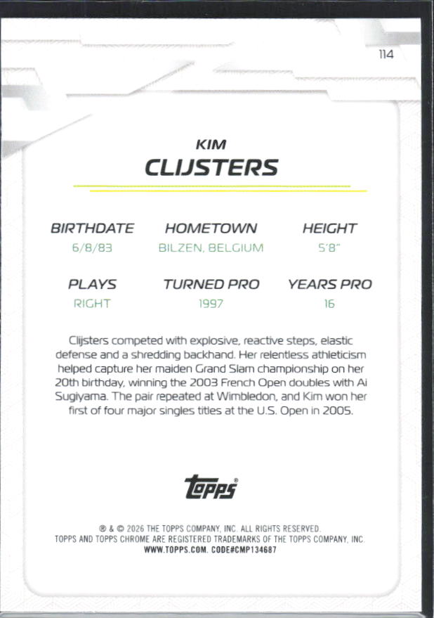 2026 Topps Chrome Tennis #114 Kim Clijsters – baksida