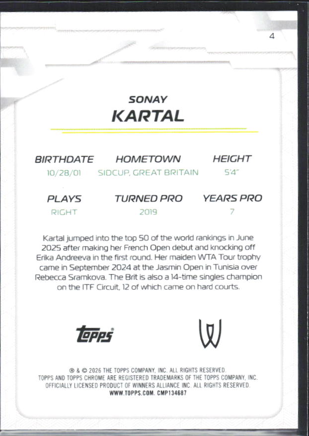 2026 Topps Chrome Tennis #4 Sonay Kartal – baksida