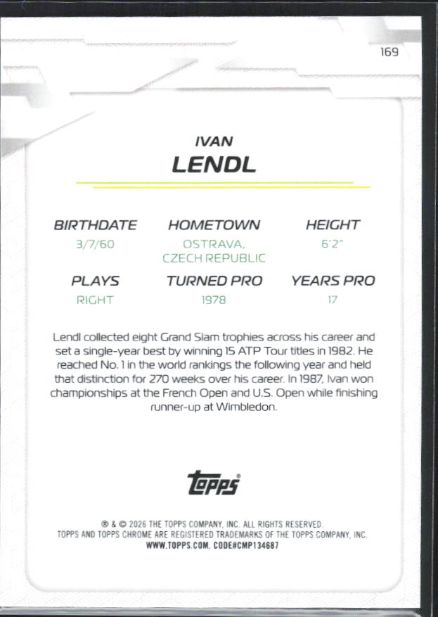 2026 Topps Chrome Tennis #169 Ivan Lendl – baksida