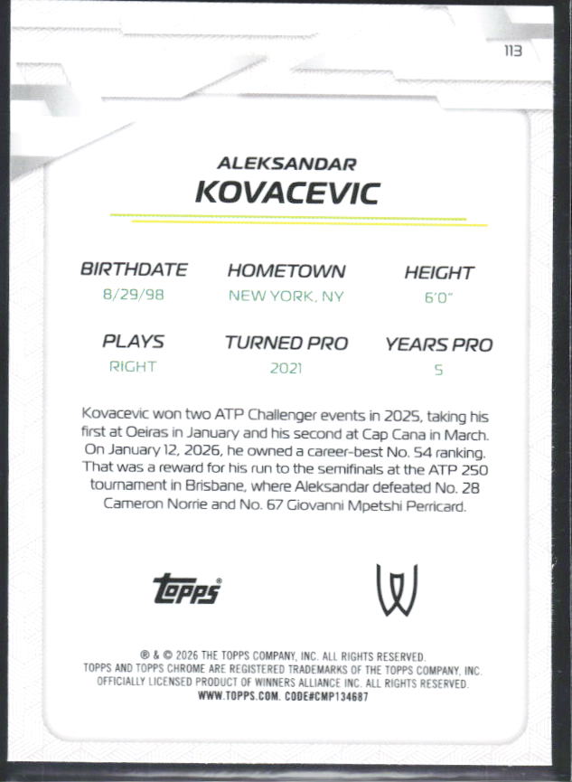 2026 Topps Chrome Tennis #113 Aleksandar Kovačević – baksida
