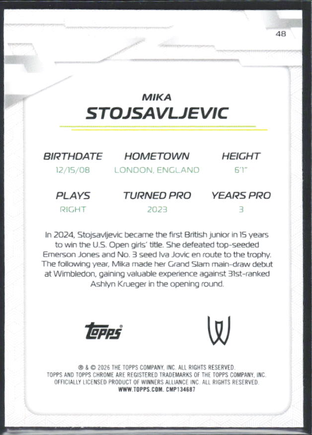 2026 Topps Chrome Tennis #48 Mika Stojsavljevic – baksida
